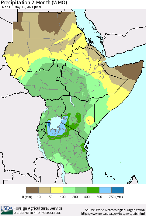Eastern Africa Precipitation 2-Month (WMO) Thematic Map For 3/16/2021 - 5/15/2021