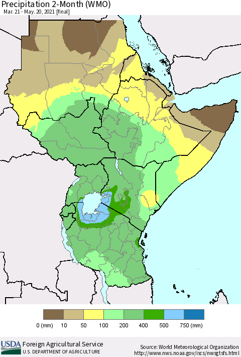 Eastern Africa Precipitation 2-Month (WMO) Thematic Map For 3/21/2021 - 5/20/2021