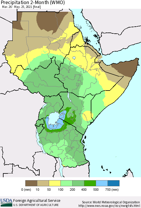 Eastern Africa Precipitation 2-Month (WMO) Thematic Map For 3/26/2021 - 5/25/2021