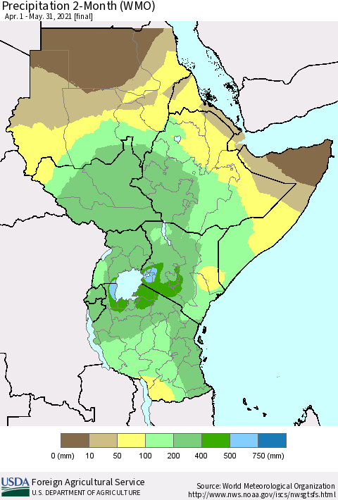Eastern Africa Precipitation 2-Month (WMO) Thematic Map For 4/1/2021 - 5/31/2021