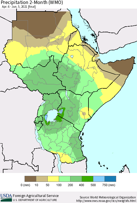 Eastern Africa Precipitation 2-Month (WMO) Thematic Map For 4/6/2021 - 6/5/2021