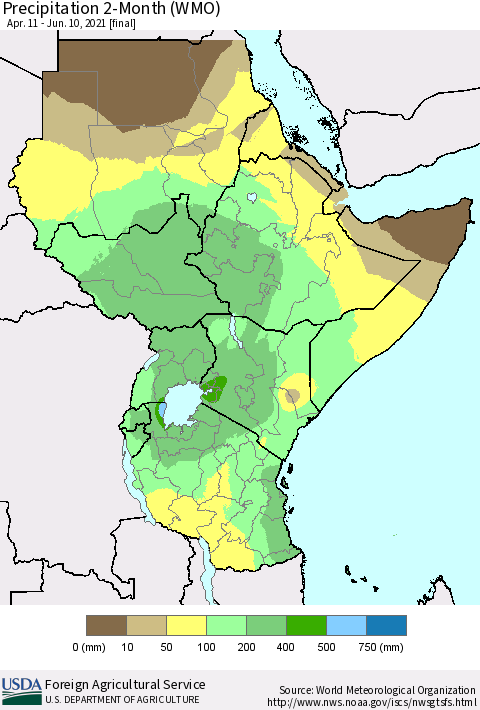 Eastern Africa Precipitation 2-Month (WMO) Thematic Map For 4/11/2021 - 6/10/2021