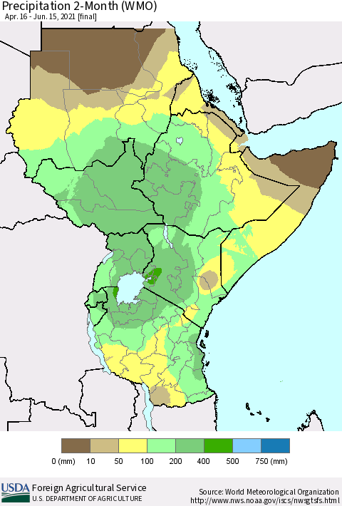 Eastern Africa Precipitation 2-Month (WMO) Thematic Map For 4/16/2021 - 6/15/2021