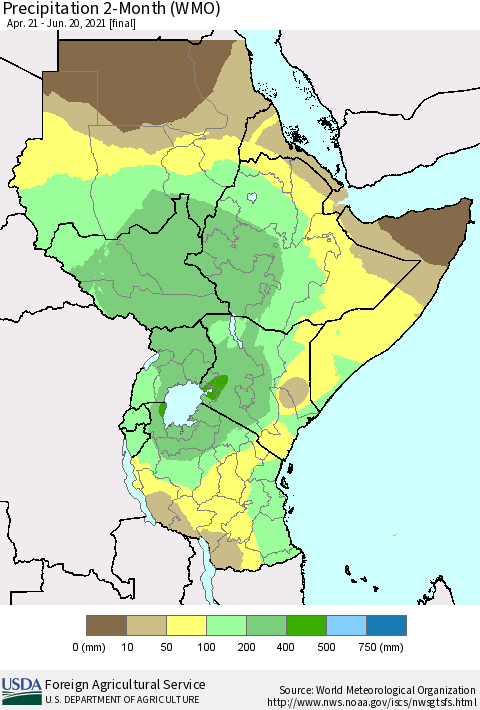 Eastern Africa Precipitation 2-Month (WMO) Thematic Map For 4/21/2021 - 6/20/2021
