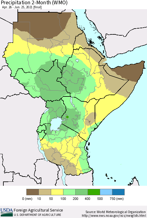 Eastern Africa Precipitation 2-Month (WMO) Thematic Map For 4/26/2021 - 6/25/2021