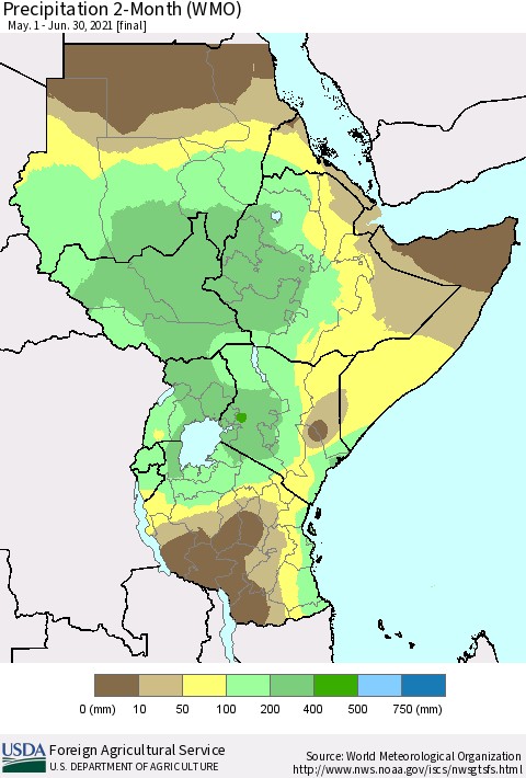 Eastern Africa Precipitation 2-Month (WMO) Thematic Map For 5/1/2021 - 6/30/2021
