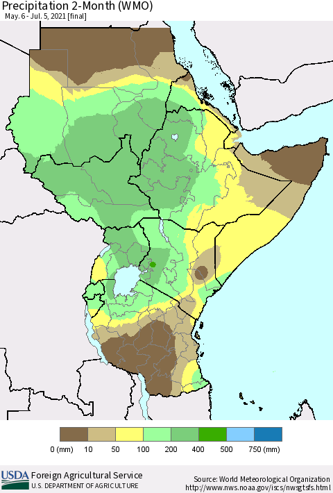 Eastern Africa Precipitation 2-Month (WMO) Thematic Map For 5/6/2021 - 7/5/2021