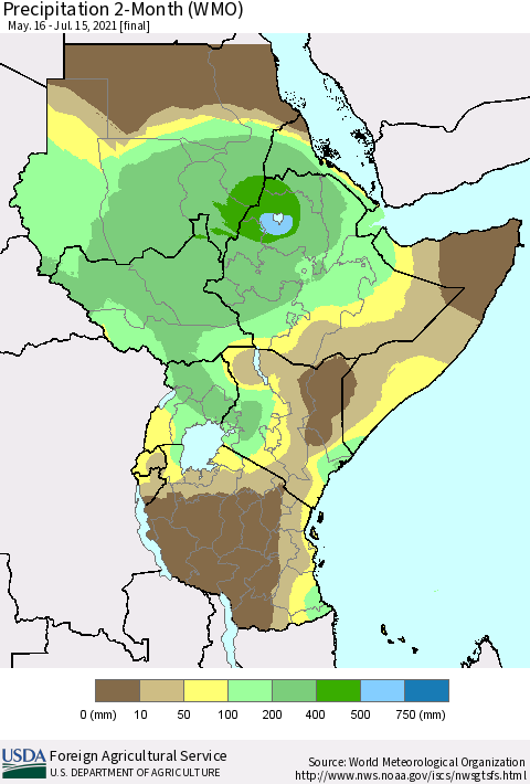 Eastern Africa Precipitation 2-Month (WMO) Thematic Map For 5/16/2021 - 7/15/2021