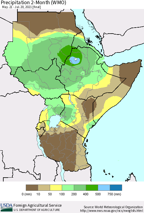 Eastern Africa Precipitation 2-Month (WMO) Thematic Map For 5/21/2021 - 7/20/2021