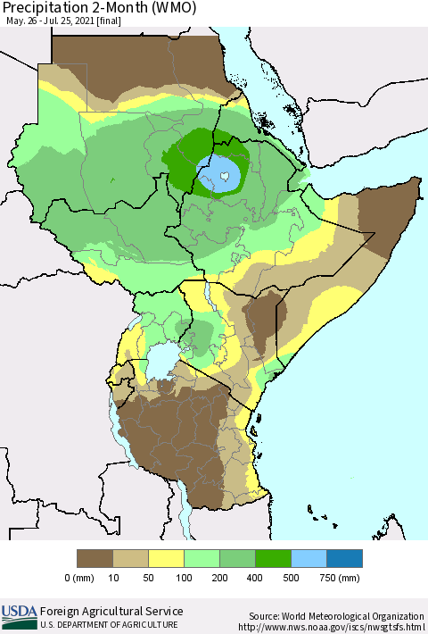 Eastern Africa Precipitation 2-Month (WMO) Thematic Map For 5/26/2021 - 7/25/2021
