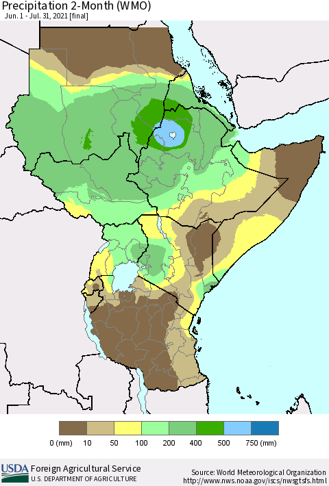 Eastern Africa Precipitation 2-Month (WMO) Thematic Map For 6/1/2021 - 7/31/2021