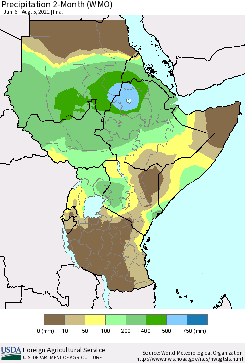 Eastern Africa Precipitation 2-Month (WMO) Thematic Map For 6/6/2021 - 8/5/2021