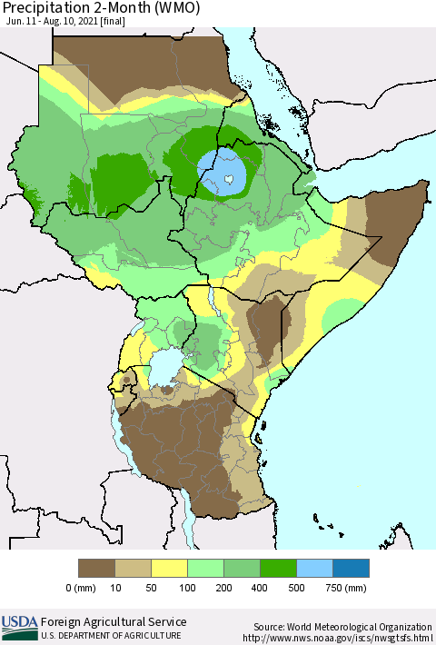 Eastern Africa Precipitation 2-Month (WMO) Thematic Map For 6/11/2021 - 8/10/2021