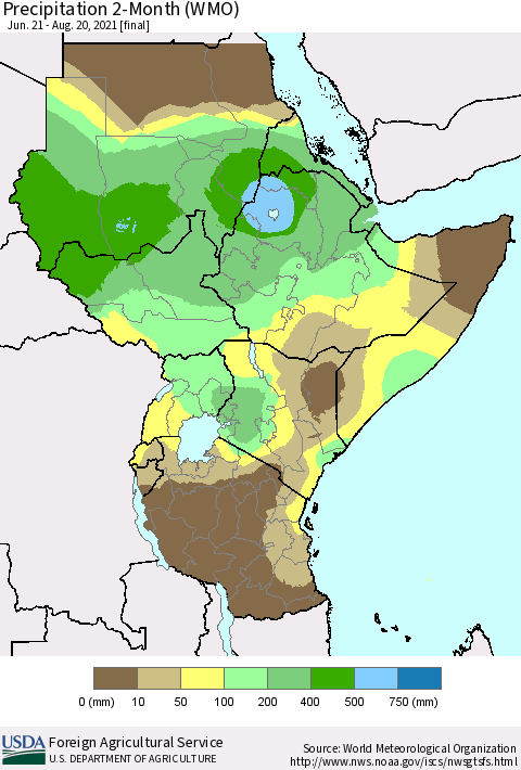 Eastern Africa Precipitation 2-Month (WMO) Thematic Map For 6/21/2021 - 8/20/2021