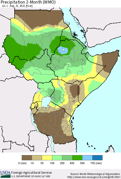 Eastern Africa Precipitation 2-Month (WMO) Thematic Map For 7/1/2021 - 8/31/2021