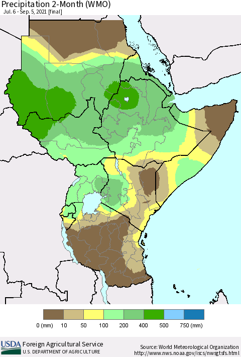Eastern Africa Precipitation 2-Month (WMO) Thematic Map For 7/6/2021 - 9/5/2021