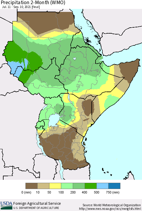 Eastern Africa Precipitation 2-Month (WMO) Thematic Map For 7/11/2021 - 9/10/2021
