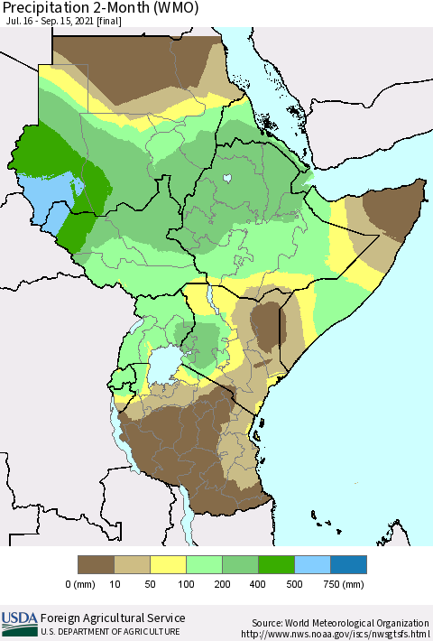 Eastern Africa Precipitation 2-Month (WMO) Thematic Map For 7/16/2021 - 9/15/2021