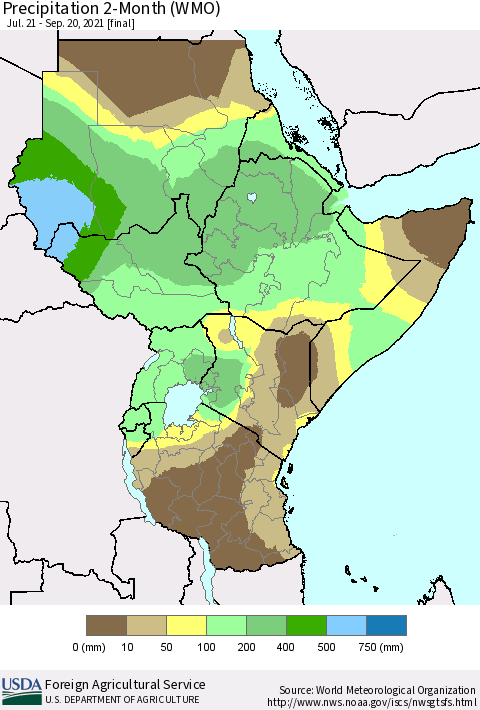 Eastern Africa Precipitation 2-Month (WMO) Thematic Map For 7/21/2021 - 9/20/2021