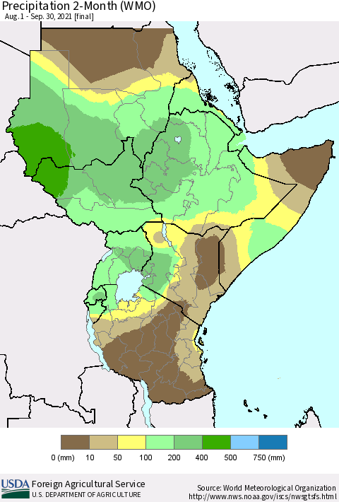 Eastern Africa Precipitation 2-Month (WMO) Thematic Map For 8/1/2021 - 9/30/2021