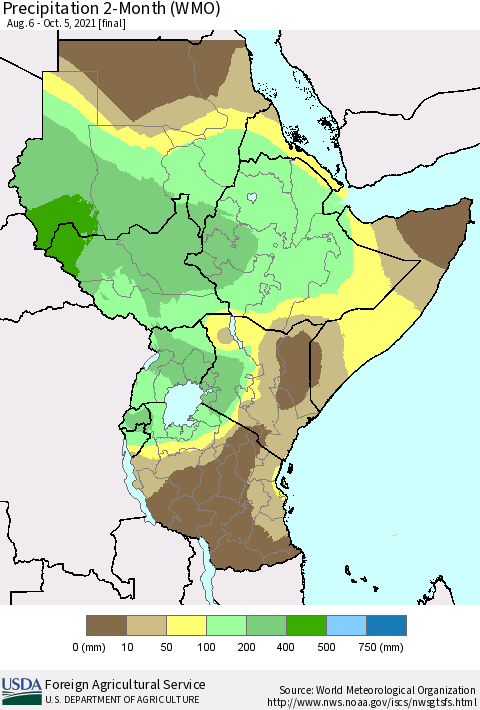 Eastern Africa Precipitation 2-Month (WMO) Thematic Map For 8/6/2021 - 10/5/2021