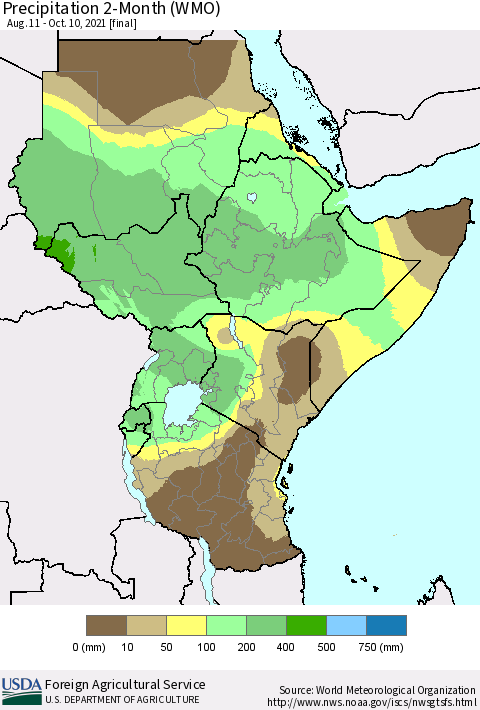 Eastern Africa Precipitation 2-Month (WMO) Thematic Map For 8/11/2021 - 10/10/2021