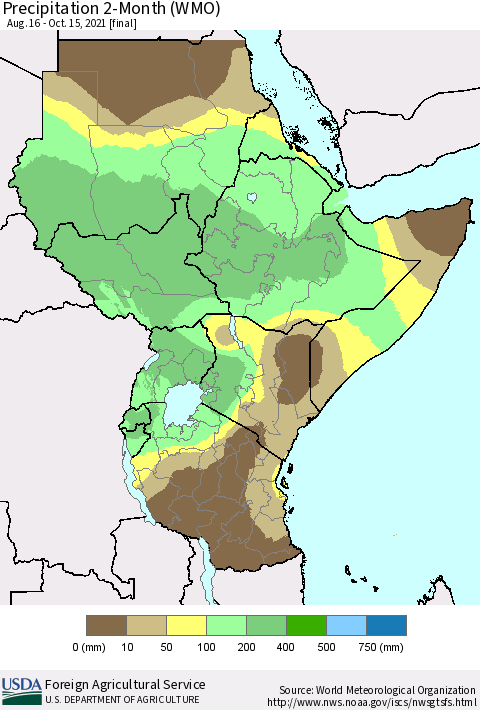 Eastern Africa Precipitation 2-Month (WMO) Thematic Map For 8/16/2021 - 10/15/2021