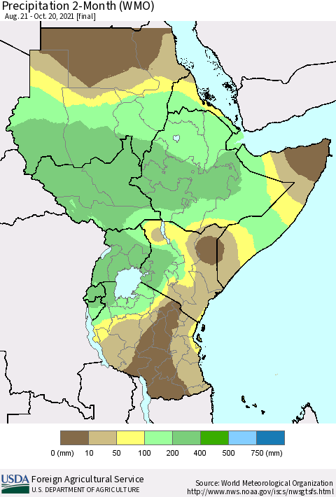Eastern Africa Precipitation 2-Month (WMO) Thematic Map For 8/21/2021 - 10/20/2021