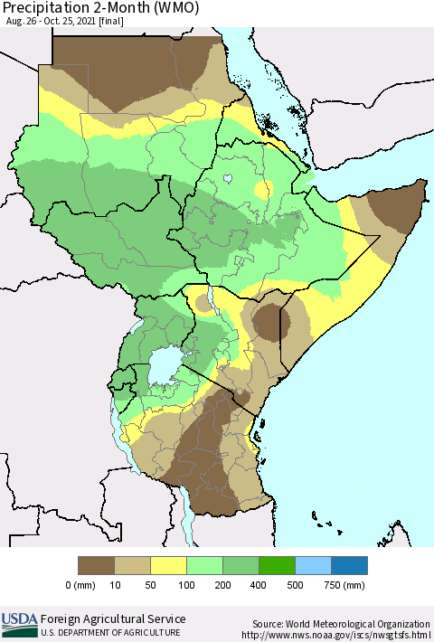 Eastern Africa Precipitation 2-Month (WMO) Thematic Map For 8/26/2021 - 10/25/2021