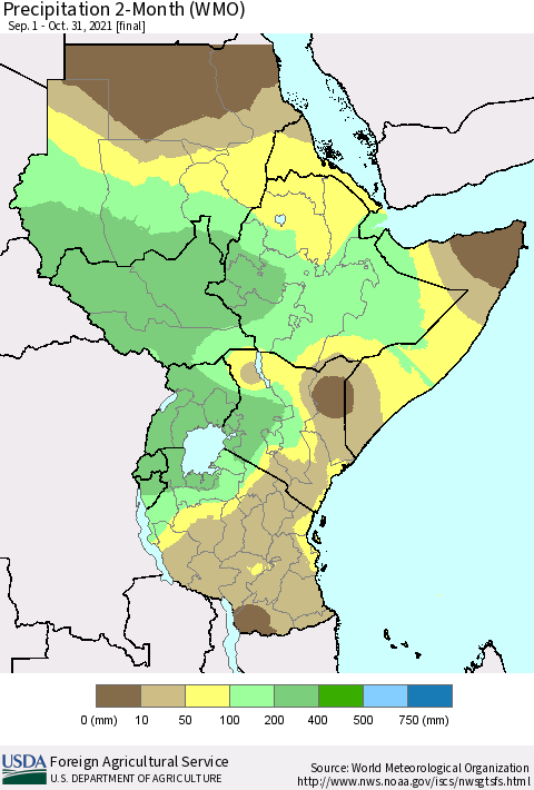 Eastern Africa Precipitation 2-Month (WMO) Thematic Map For 9/1/2021 - 10/31/2021