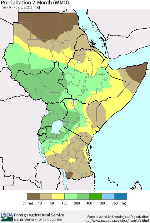 Eastern Africa Precipitation 2-Month (WMO) Thematic Map For 9/6/2021 - 11/5/2021