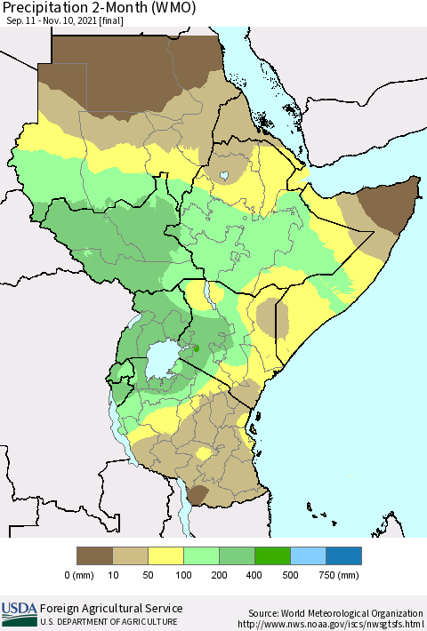 Eastern Africa Precipitation 2-Month (WMO) Thematic Map For 9/11/2021 - 11/10/2021