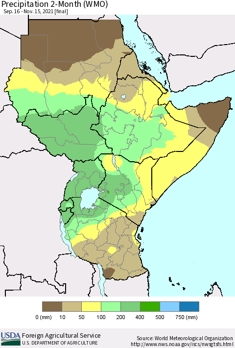 Eastern Africa Precipitation 2-Month (WMO) Thematic Map For 9/16/2021 - 11/15/2021