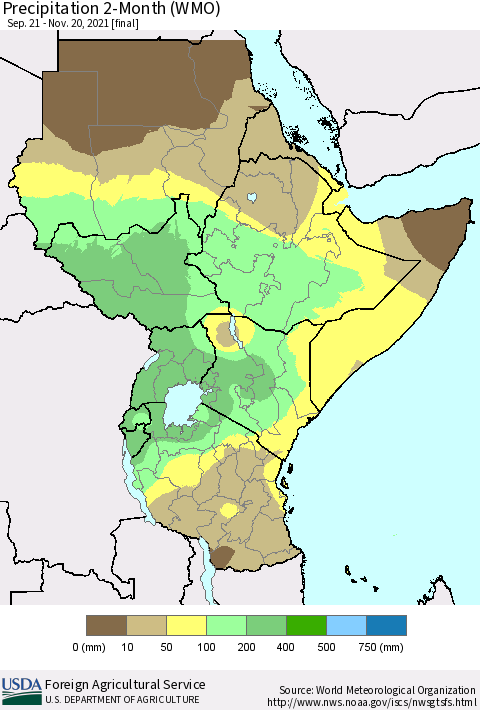 Eastern Africa Precipitation 2-Month (WMO) Thematic Map For 9/21/2021 - 11/20/2021