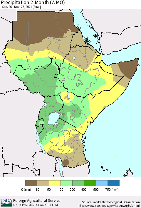 Eastern Africa Precipitation 2-Month (WMO) Thematic Map For 9/26/2021 - 11/25/2021
