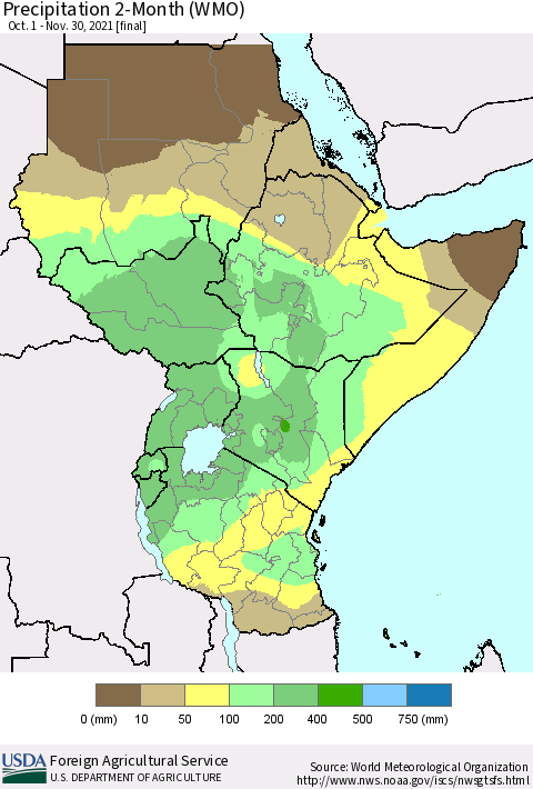 Eastern Africa Precipitation 2-Month (WMO) Thematic Map For 10/1/2021 - 11/30/2021