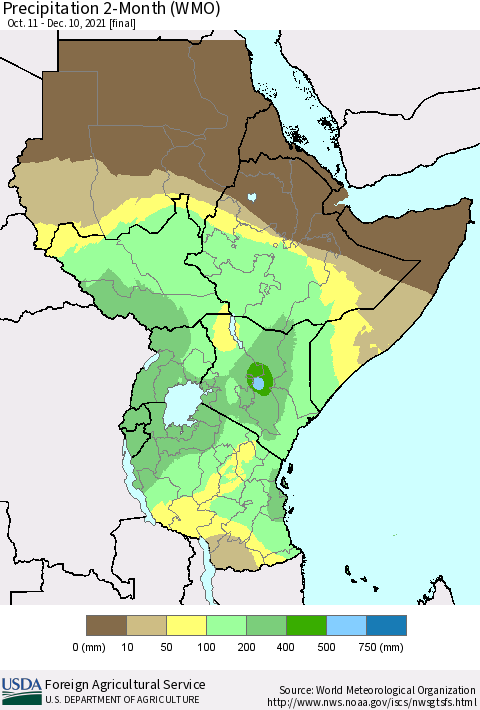 Eastern Africa Precipitation 2-Month (WMO) Thematic Map For 10/11/2021 - 12/10/2021