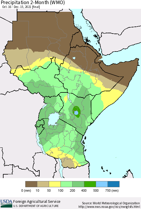 Eastern Africa Precipitation 2-Month (WMO) Thematic Map For 10/16/2021 - 12/15/2021