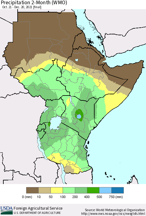 Eastern Africa Precipitation 2-Month (WMO) Thematic Map For 10/21/2021 - 12/20/2021