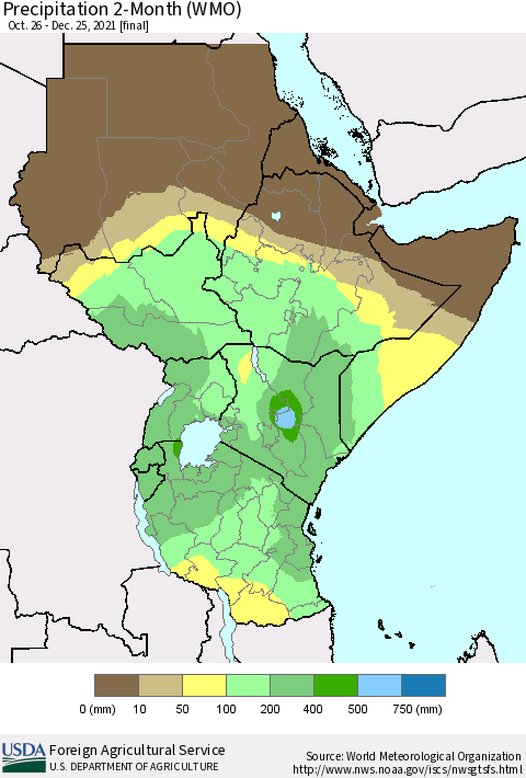 Eastern Africa Precipitation 2-Month (WMO) Thematic Map For 10/26/2021 - 12/25/2021