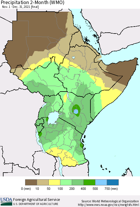 Eastern Africa Precipitation 2-Month (WMO) Thematic Map For 11/1/2021 - 12/31/2021