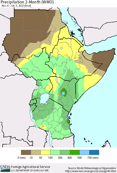 Eastern Africa Precipitation 2-Month (WMO) Thematic Map For 11/6/2021 - 1/5/2022