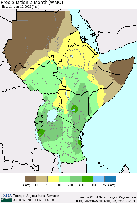 Eastern Africa Precipitation 2-Month (WMO) Thematic Map For 11/11/2021 - 1/10/2022