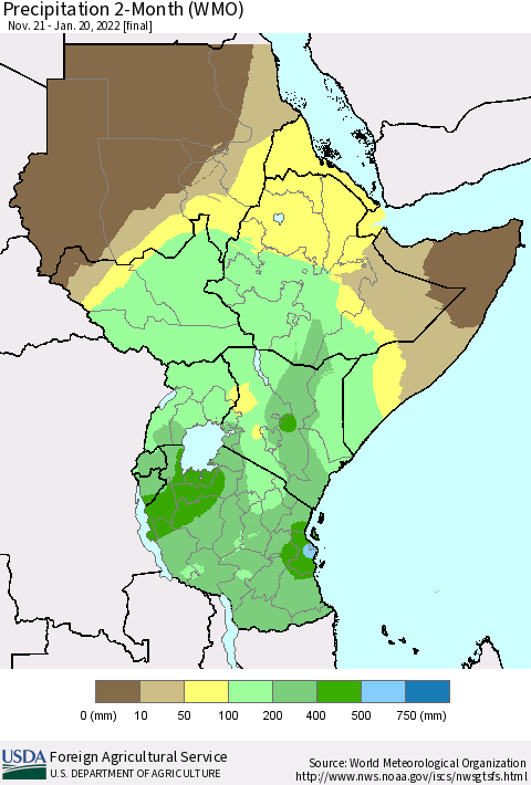 Eastern Africa Precipitation 2-Month (WMO) Thematic Map For 11/21/2021 - 1/20/2022