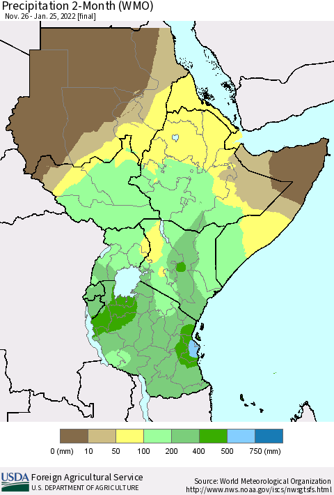 Eastern Africa Precipitation 2-Month (WMO) Thematic Map For 11/26/2021 - 1/25/2022