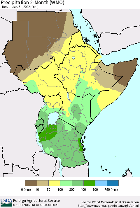 Eastern Africa Precipitation 2-Month (WMO) Thematic Map For 12/1/2021 - 1/31/2022