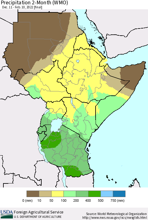Eastern Africa Precipitation 2-Month (WMO) Thematic Map For 12/11/2021 - 2/10/2022
