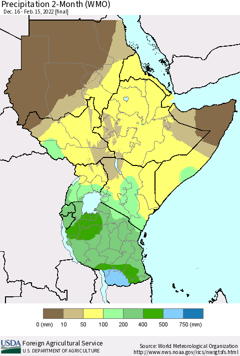 Eastern Africa Precipitation 2-Month (WMO) Thematic Map For 12/16/2021 - 2/15/2022