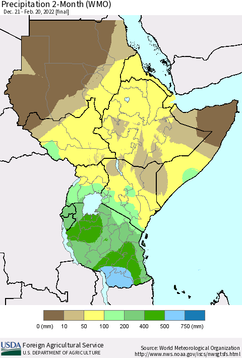 Eastern Africa Precipitation 2-Month (WMO) Thematic Map For 12/21/2021 - 2/20/2022