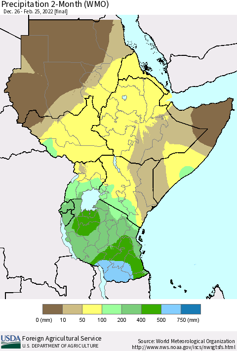 Eastern Africa Precipitation 2-Month (WMO) Thematic Map For 12/26/2021 - 2/25/2022